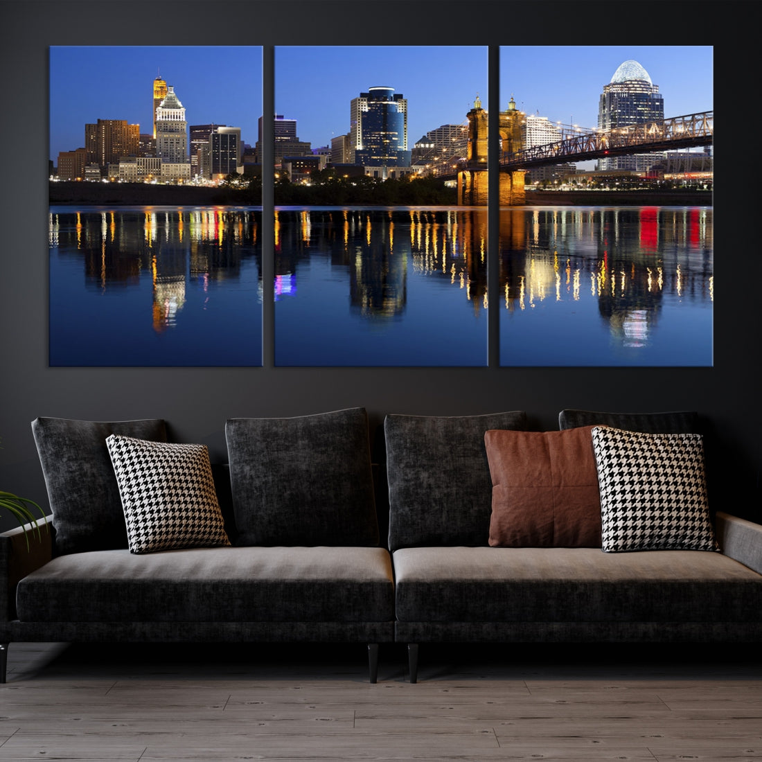 Cincinnati Night Skyline Reflections Large Cityscape Wall Art Canvas Print