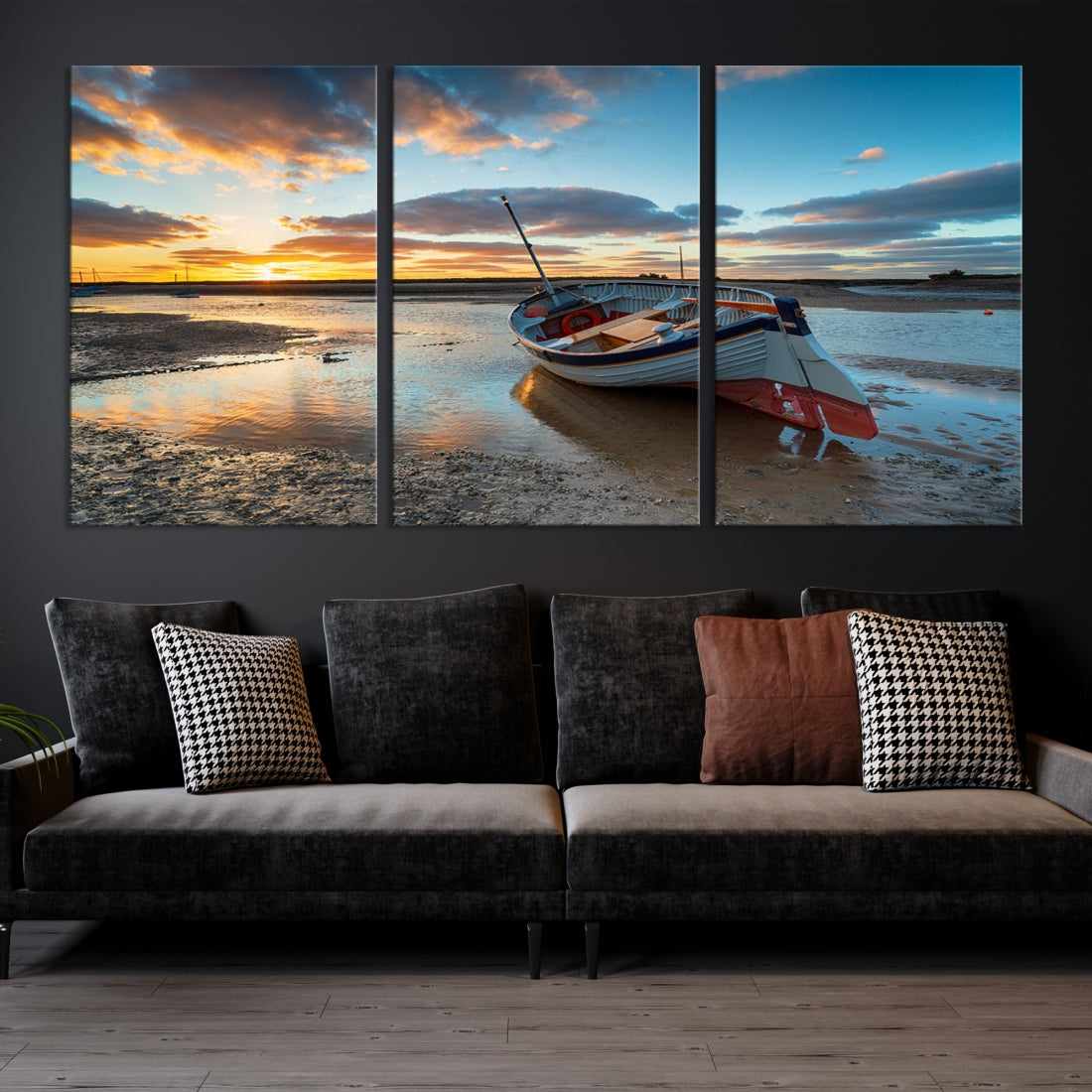 Small Boat At The Beach Sunset Wall Art Extra Large Canvas Print