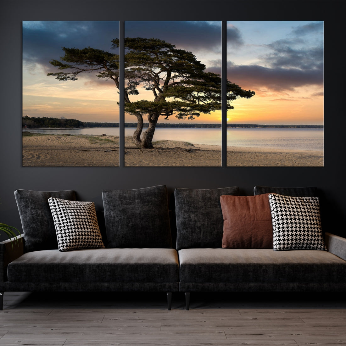 Big Tree Beach Coastal Sunset Wall Art Canvas Print Framed