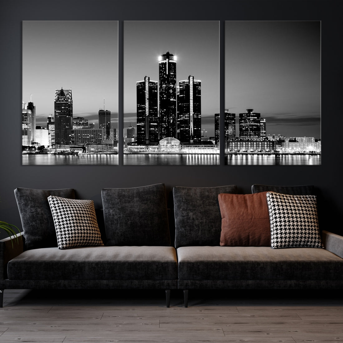 Extra Large Detroit Skyline Black and White Cityscape Wall Art Canvas Print