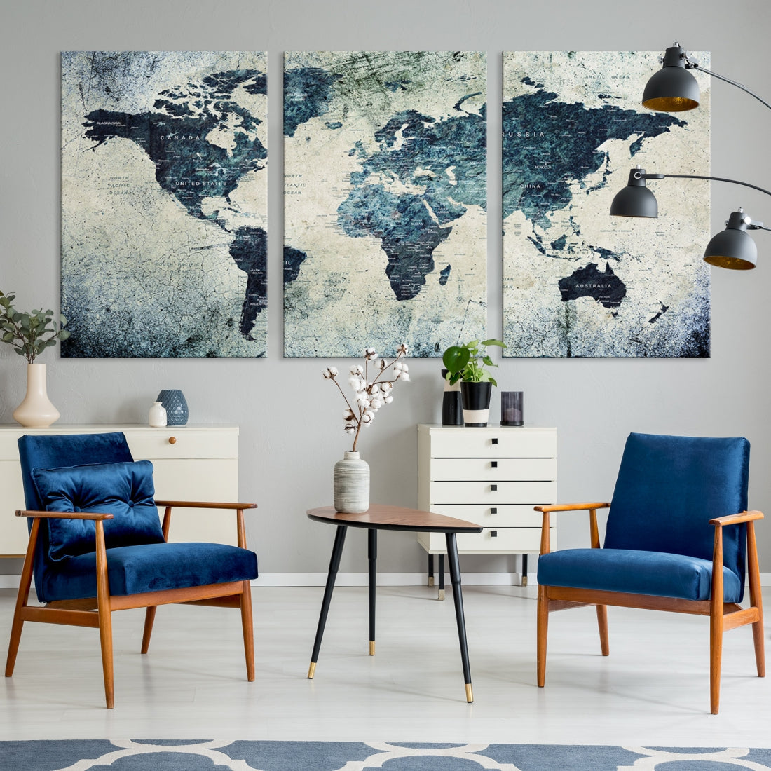 Extra Large World Map Wall Art Watercolor Painting on Canvas Print Grunge Vintage Decor