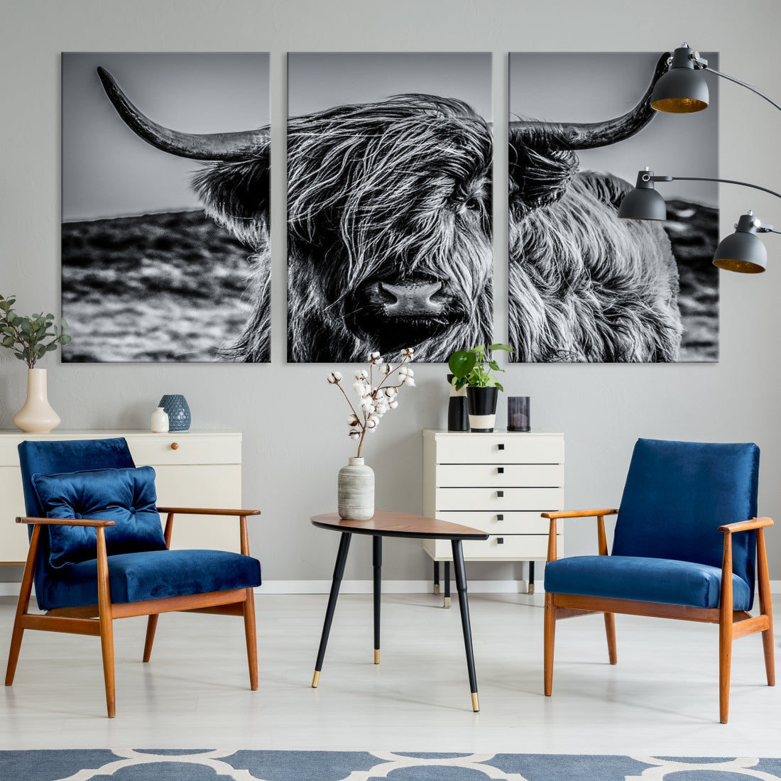 Black and White Extra Large Cow Wall Art Scottish Cattle Animal Canvas Print