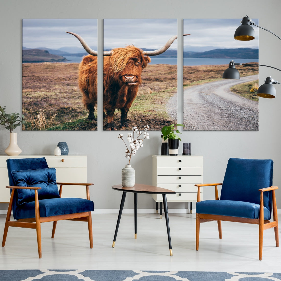 Highland Cow with Big Horn Canvas Wall Art Animal Photo Print Wall Decor