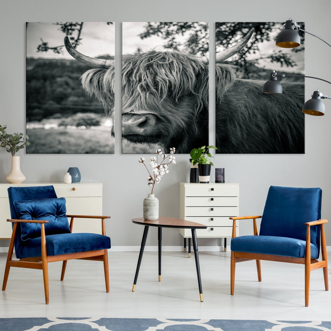 Beautiful Highland Cow Wall Art Large Canvas Print Black and White Wall Decor