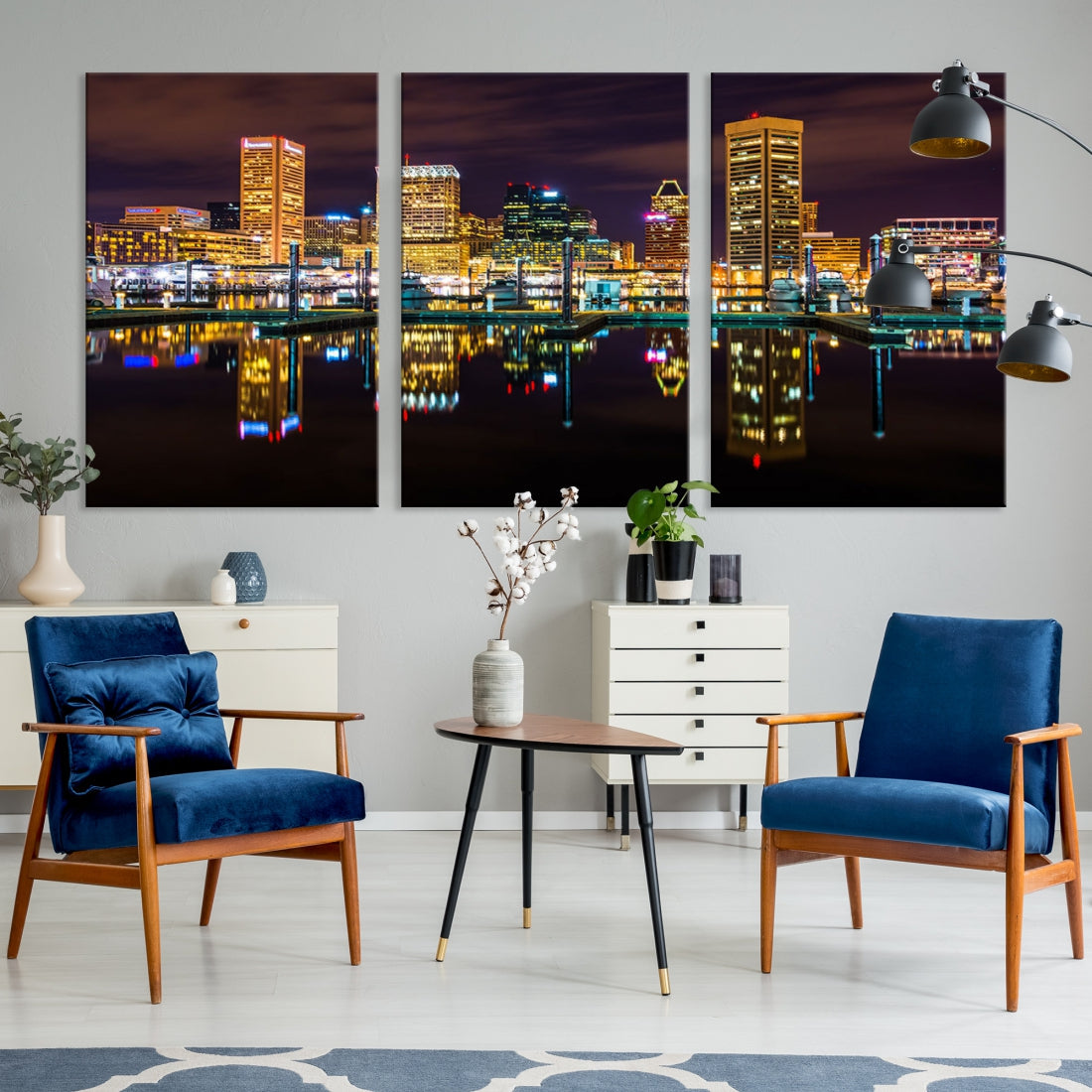 Baltimore City Night Skyline Purple Cityscape Large Wall Art Canvas Print