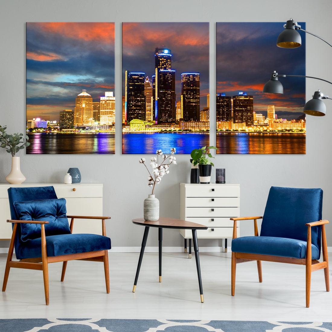 Bright Detroit Skyline Picture Print Skyline Wall Art Canvas Ready to Hang