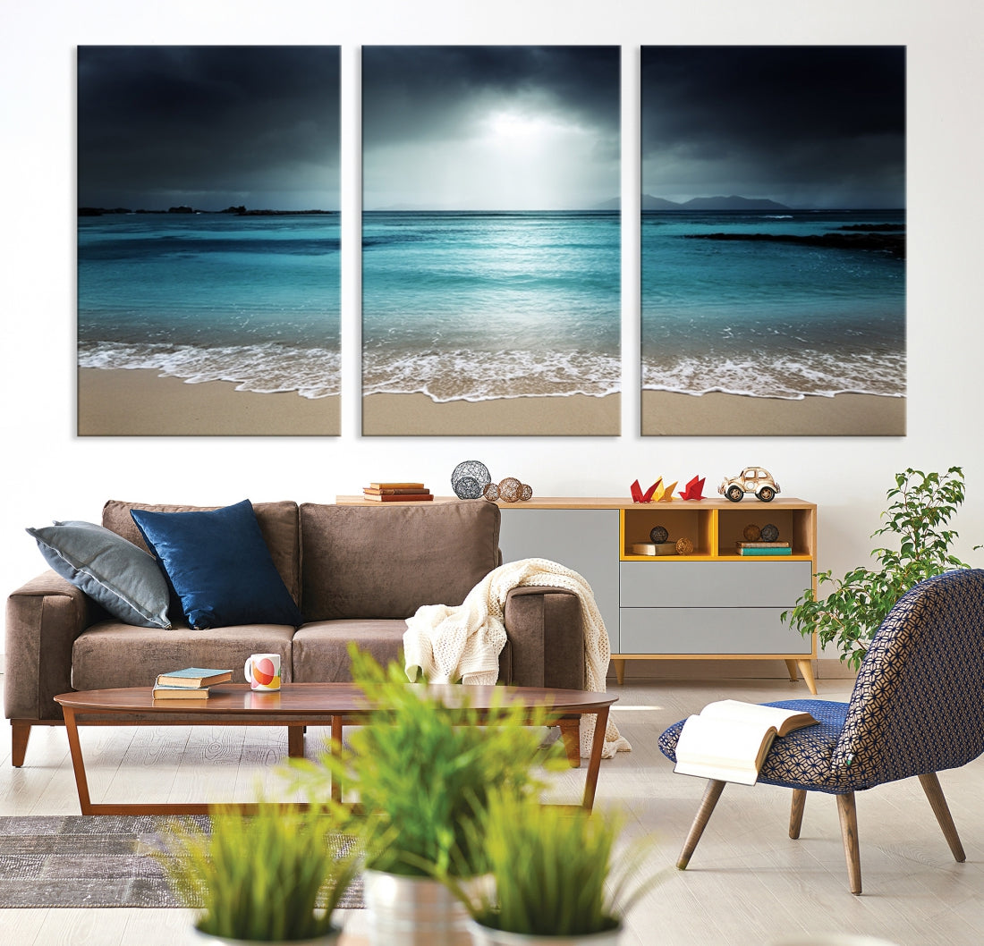 Dark Sky Bright Ocean Beach Large Wall Art Canvas Print