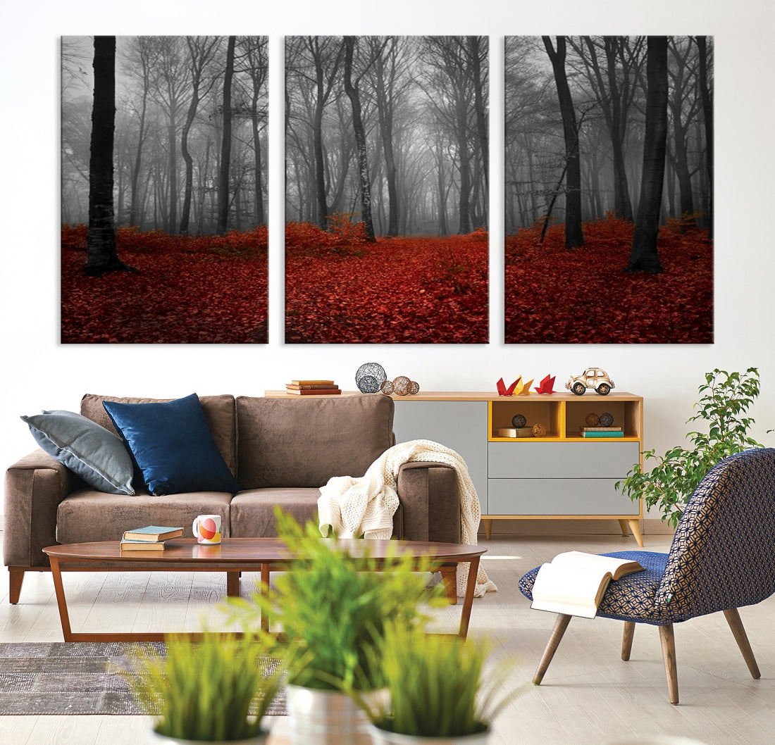 Foggy Forest with Red Leaves Autumn Landscape Giclee Canvas Extra Large Wall Art Print