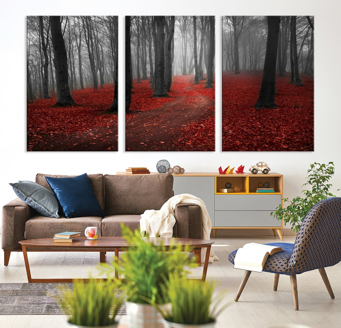 Wonderful Forest with Red Leaves on Ground Large Wall Art Landscape Canvas Print