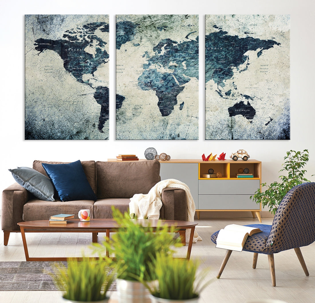 Extra Large World Map Wall Art Watercolor Painting on Canvas Print Grunge Vintage Decor