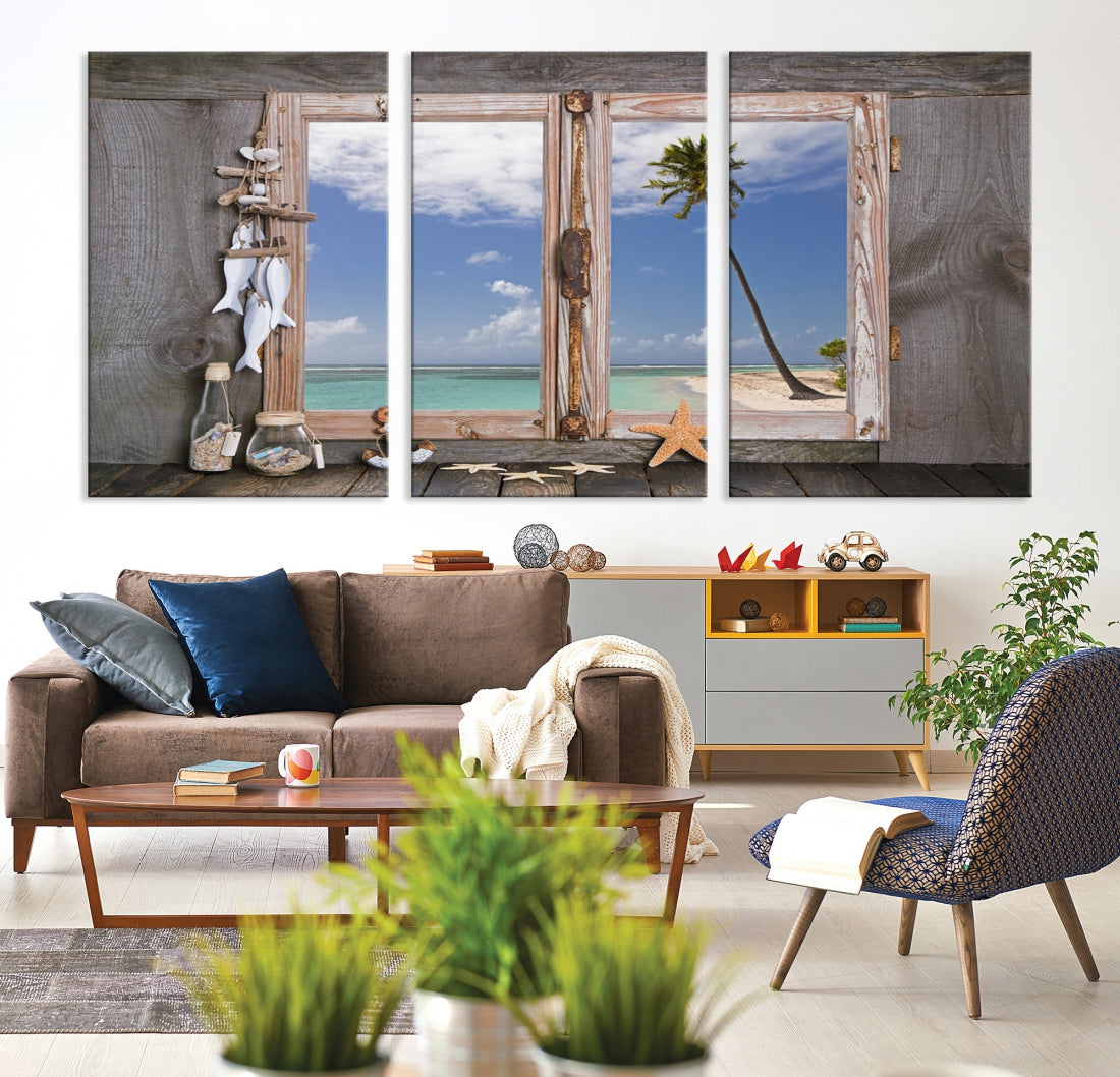 Large Window Wall Art Relaxing Beach Photo Canvas Art Print Starfish Seashells Nautical Art Framed Ocean Artwork