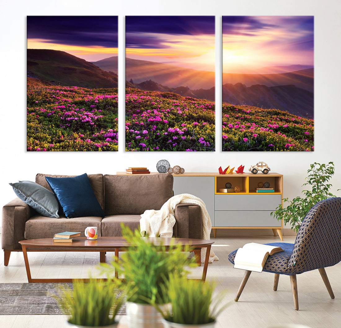 Alluring Spring Mountain with Flowers Sunset Landscape Canvas Wall Art Print