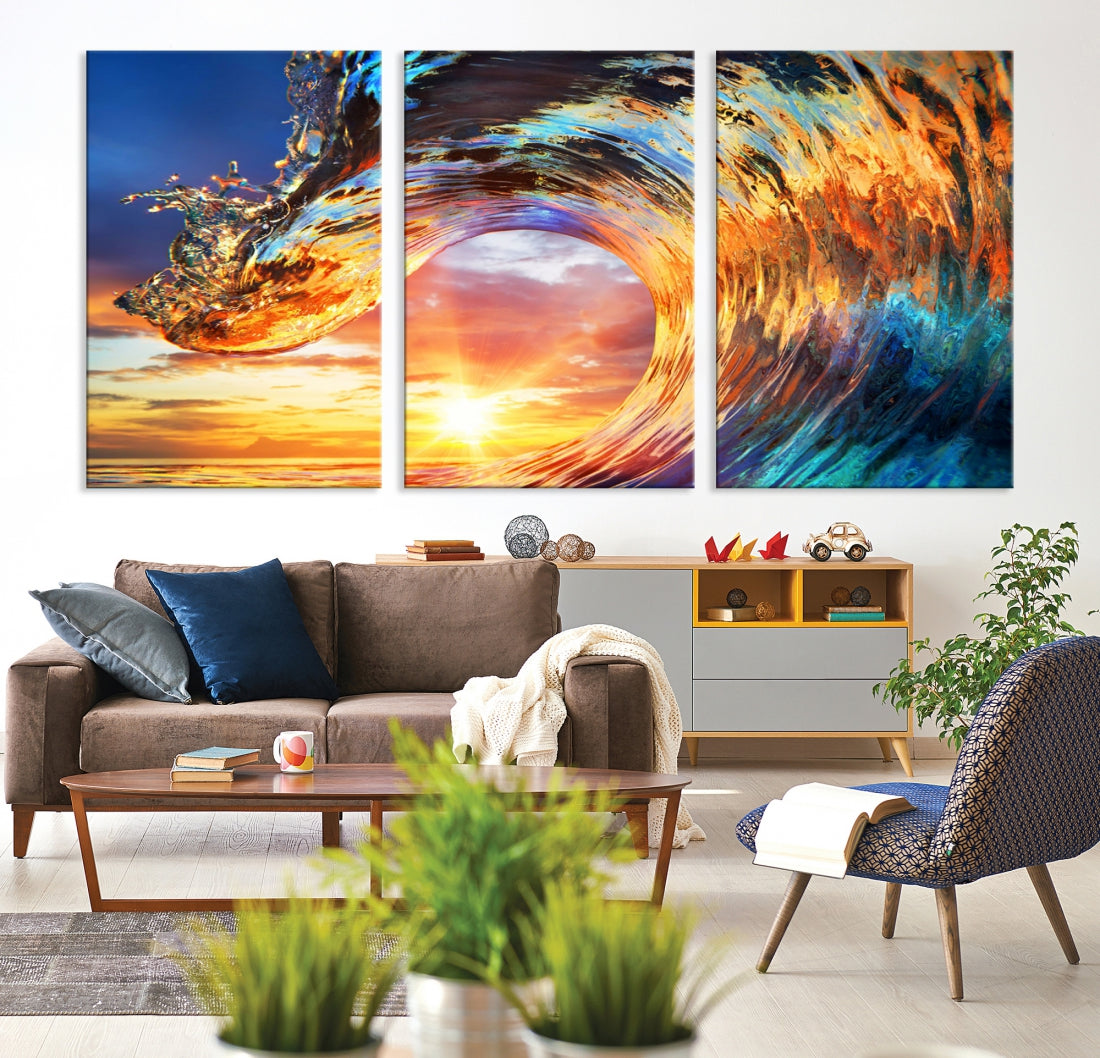 Large Canvas Wall Art Print of a Surface Wave Sunset Ocean