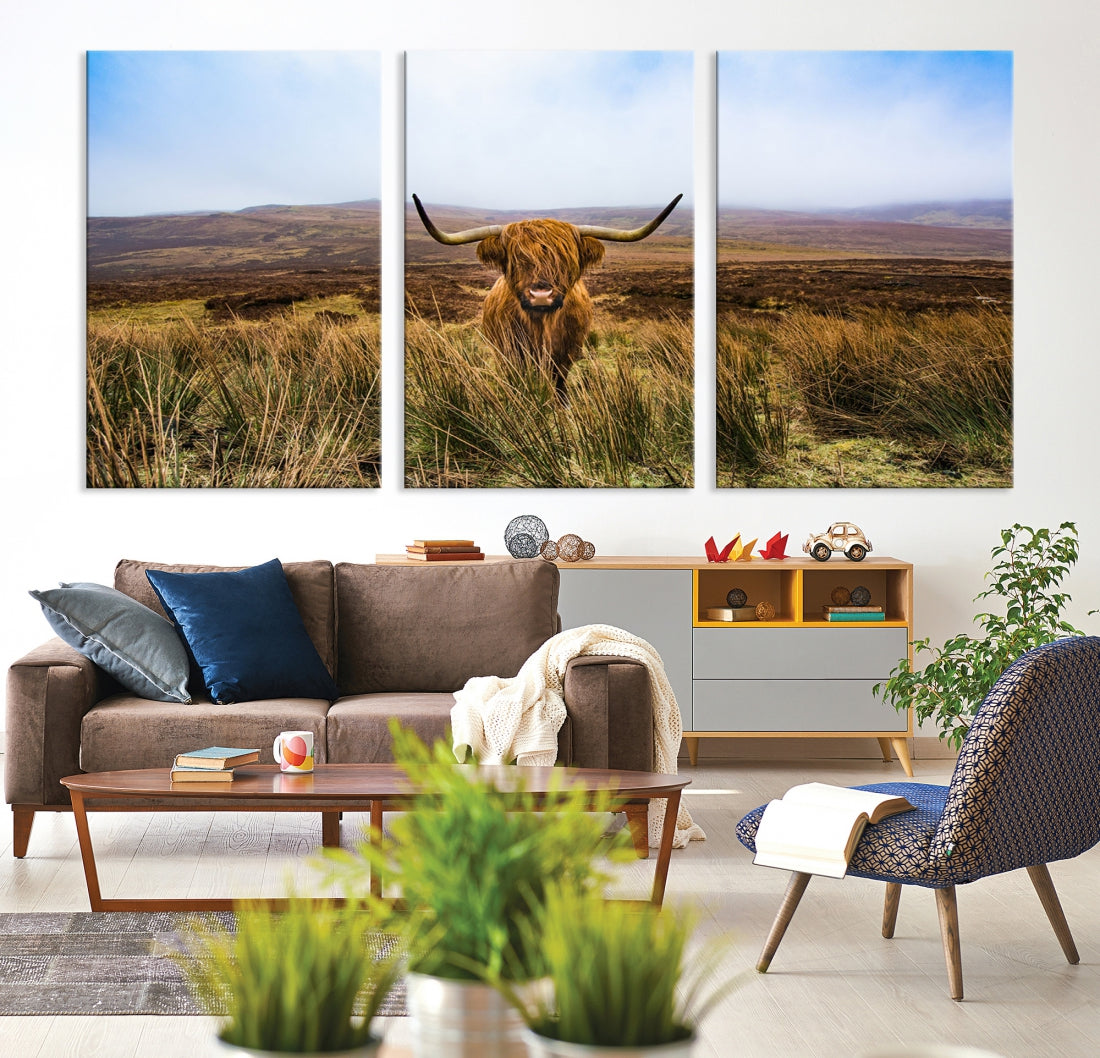 Highland Cow with Beautiful Landscape Canvas Wall Art Print Large Animal Art Print Farmhouse Ranch Farm Decor Cute Animals Cow Print Framed Ready to Hang Original Canvas Artwork