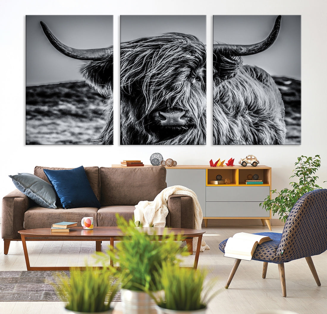 Black and White Extra Large Cow Wall Art Scottish Cattle Animal Canvas Print