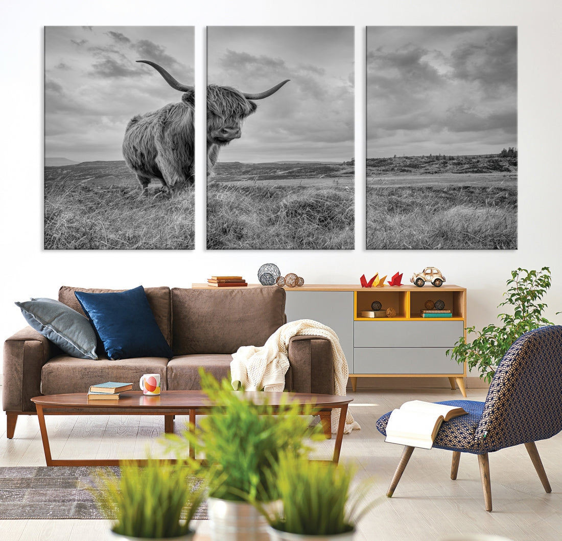 Grayscale Highland Cow Canvas Art Print Extra Large Animal Picture Print on Canvas