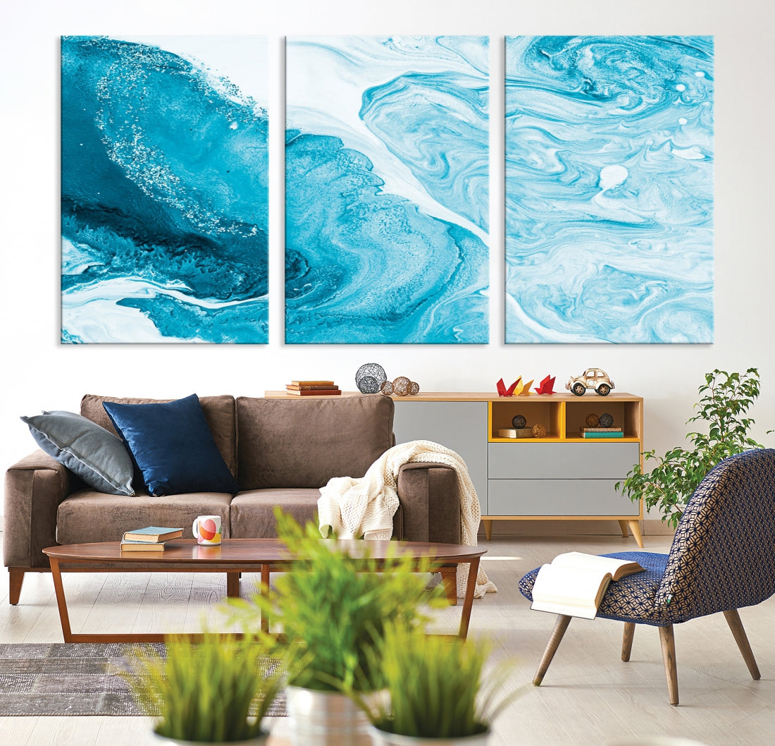 Bright Blue Abstract Painting on Canvas Large Marble Art Print