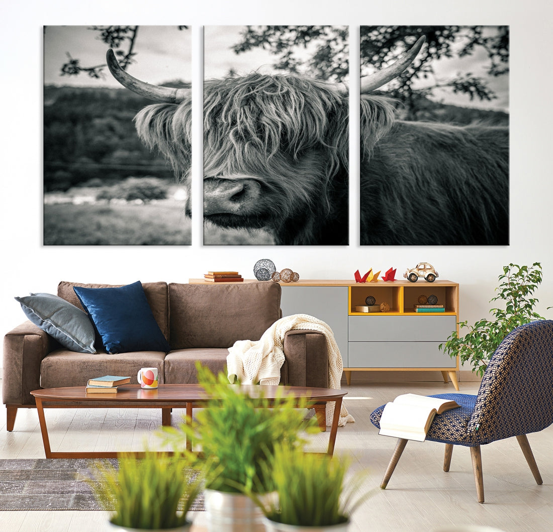 Beautiful Highland Cow Wall Art Large Canvas Print Black and White Wall Decor