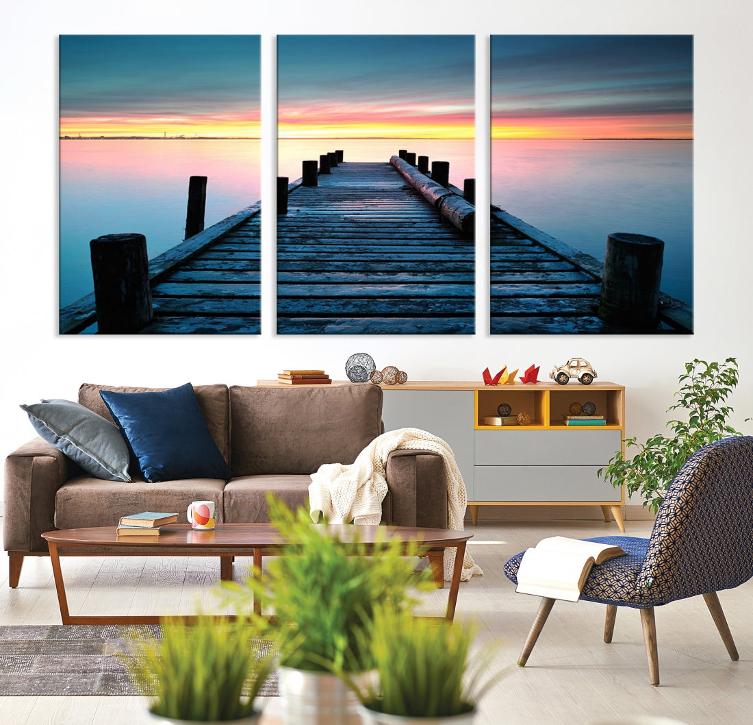 Fantastic Sunset over the Horizon Old Pier Seascape Ocean Wall Art Canvas Print