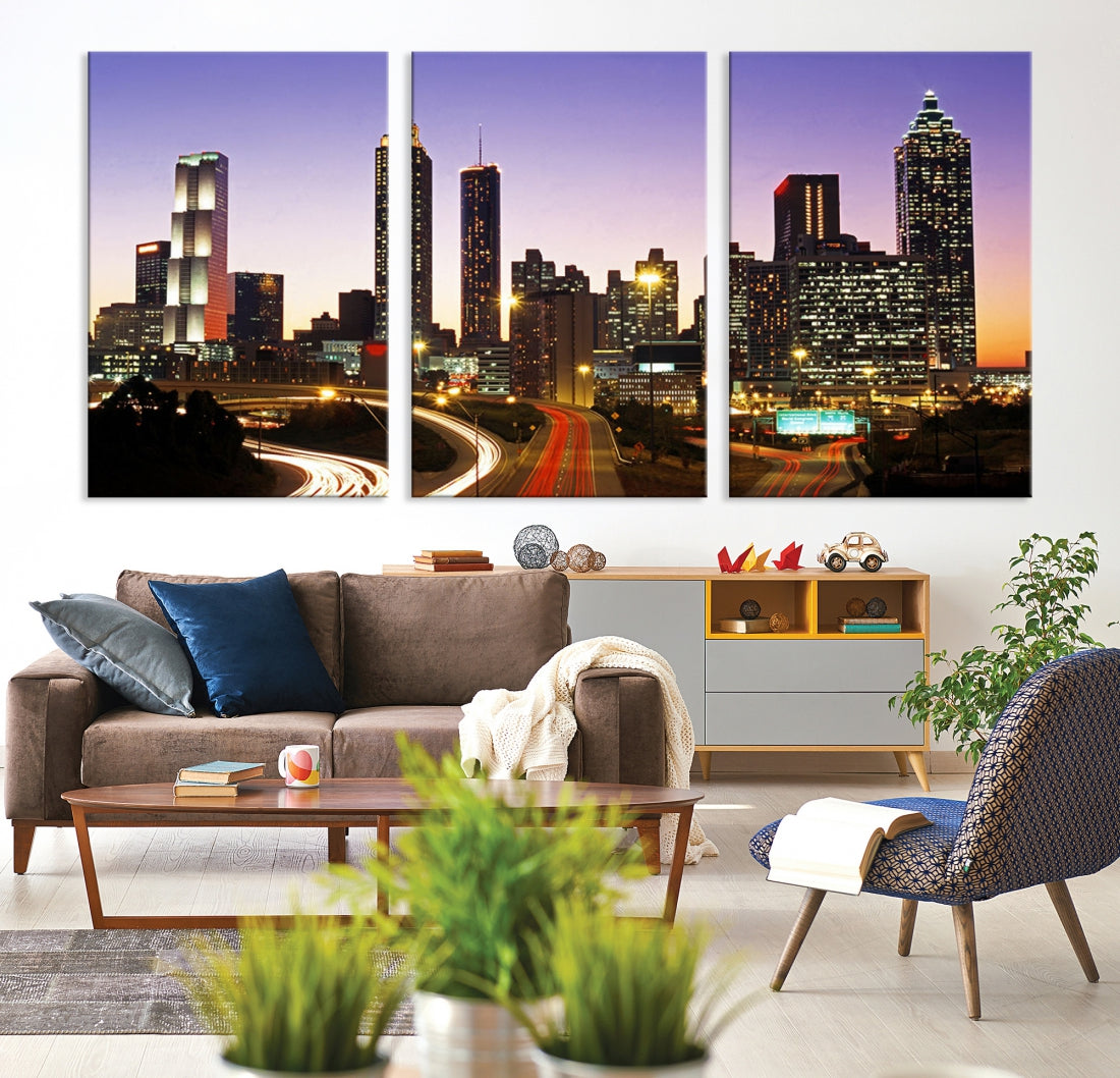 Atlanta City Purple Sunset Skyline Wall Art Cityscape Canvas Print