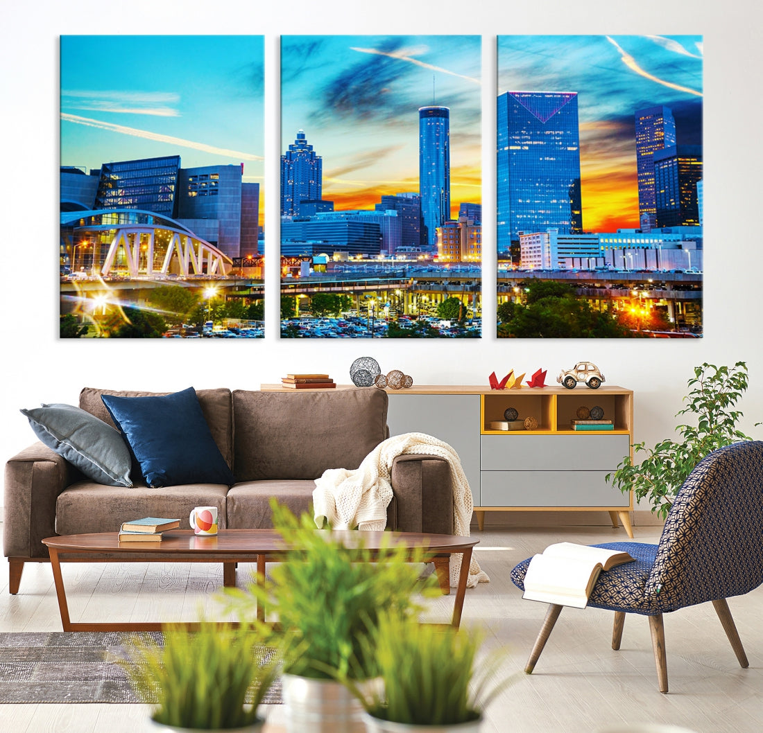 Mesmerizing Atlanta City Sunset Blue Skyline Cityscape Large Canvas Wall Art Print