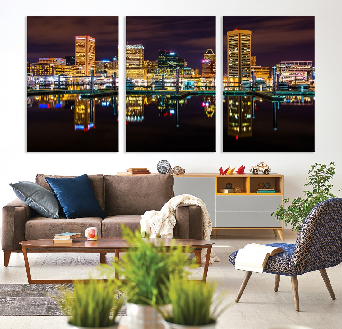 Baltimore City Night Skyline Purple Cityscape Large Wall Art Canvas Print