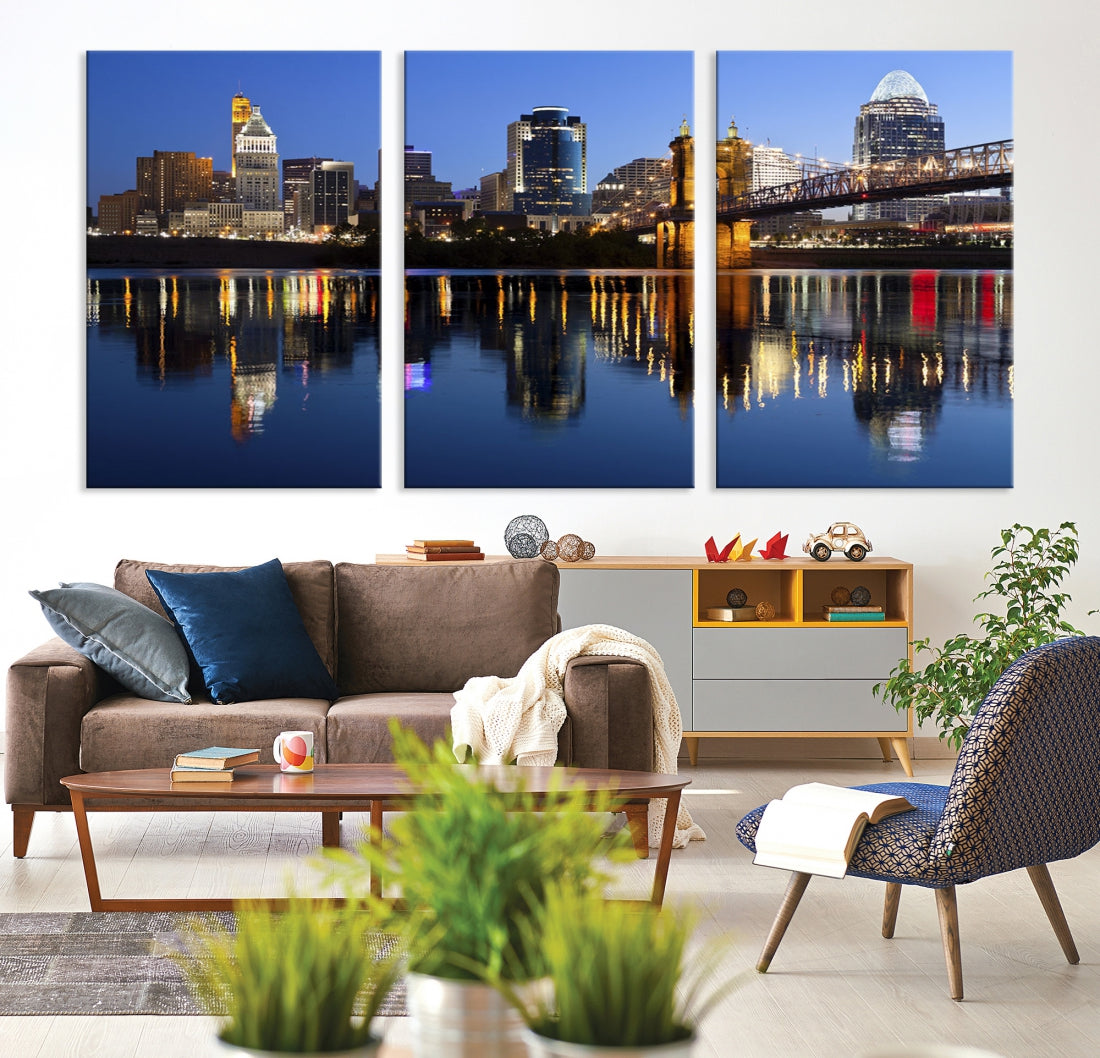 Cincinnati Night Skyline Reflections Large Cityscape Wall Art Canvas Print