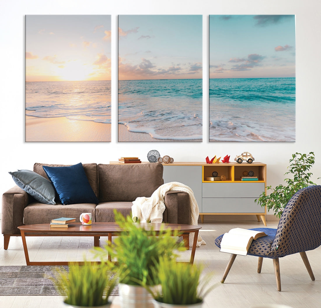 Appealing Sunset on Beach Canvas Wall Art Coastal Ocean Print