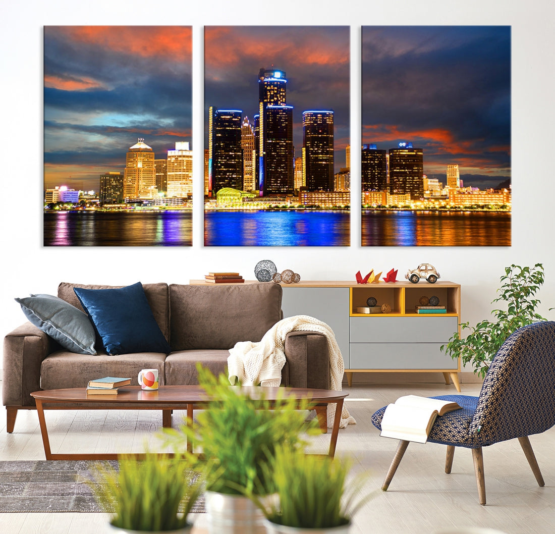 Bright Detroit Skyline Picture Print Skyline Wall Art Canvas Ready to Hang