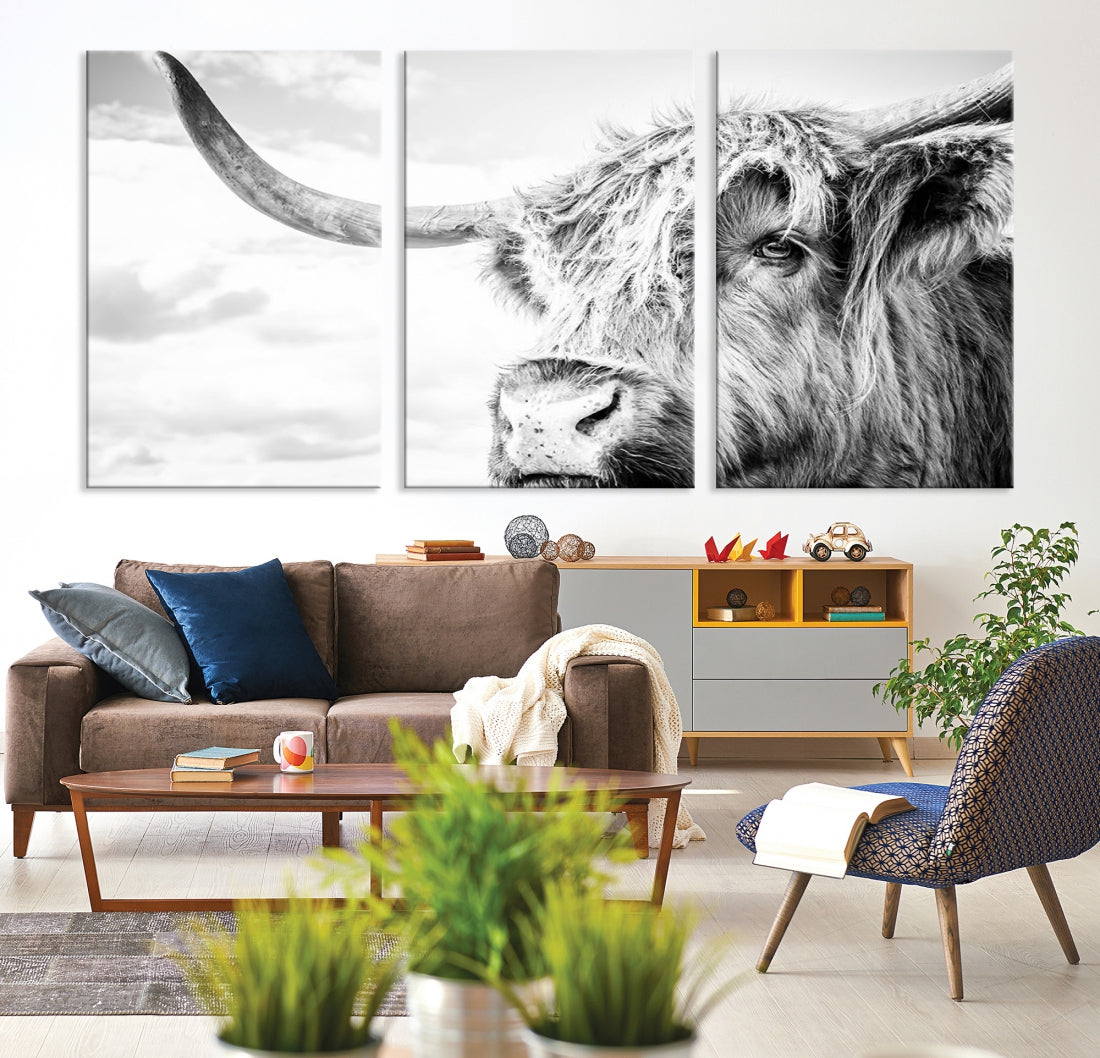 Highland Cow Canvas Wall Art Farmhouse Decor Cow Black White Print Rustic Wall Decor Animals Painting Scottish Cow Wall