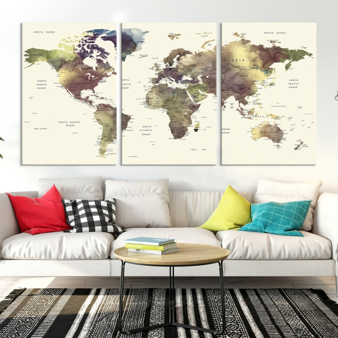 Vivid Colors Detailed World Map Wall Art Push Pin Travel Map Canvas Print