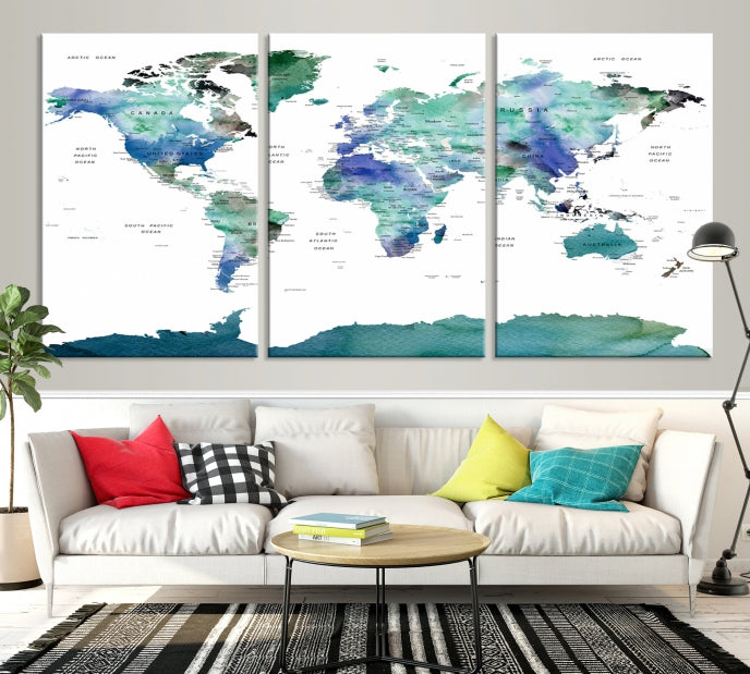 Vivid Colored World Map Push Pin Travel Map Canvas Wall Art Giclee Print