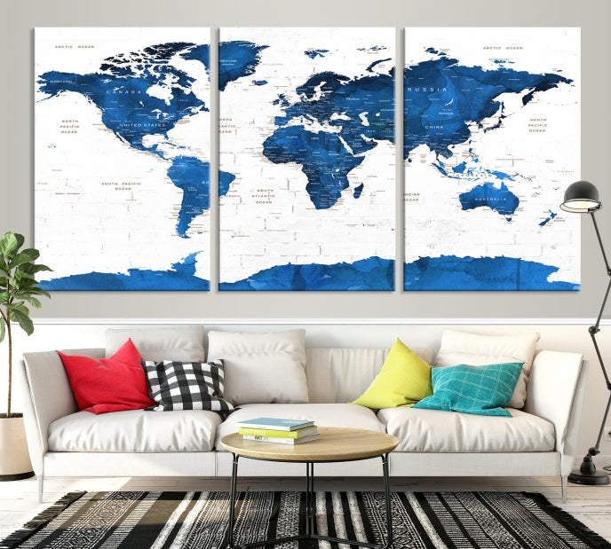 Blue Extra Large Framed Push Pin World Map Wall Art Canvas Print