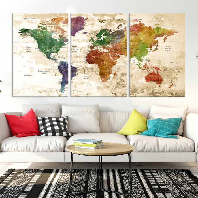 Push Pin World Map Canvas Print with Brownish Background Extra Large Framed Map Poster