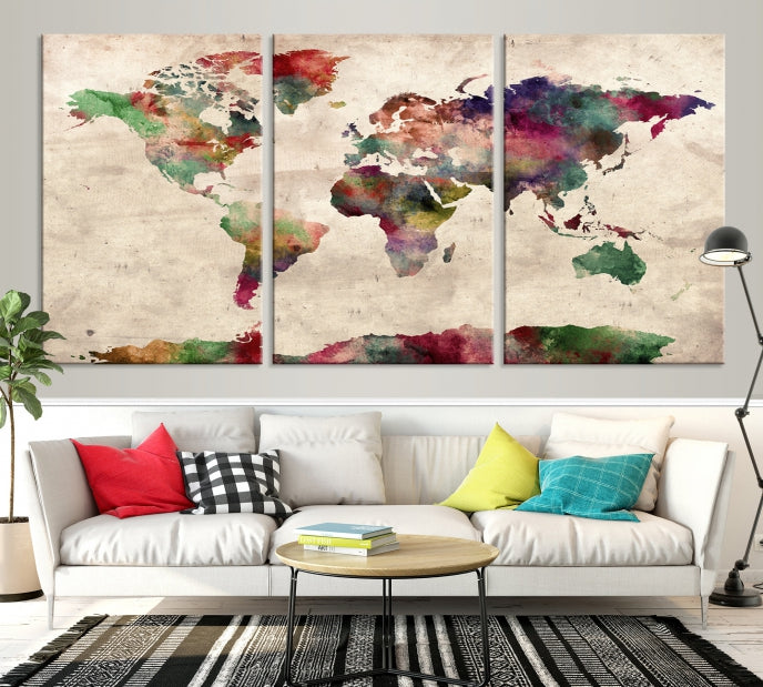 Colorful Watercolor World Map Framed Canvas Wall Art Giclee Print