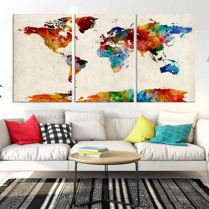 Large Wall Art World Map Watercolor Canvas Print