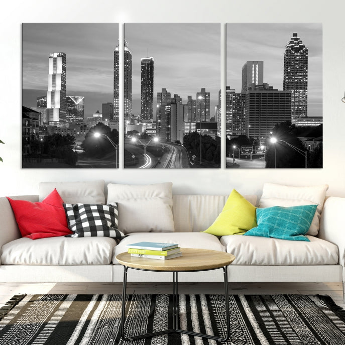 Atlanta City Cloudy Skyline Black and White Cityscape Canvas Print