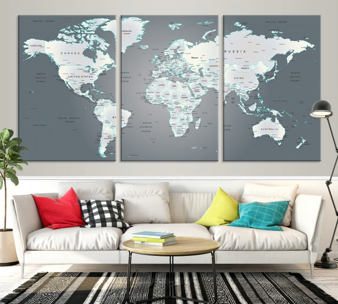 Gray World Map Push Pin Travel Map Canvas Wall Art Giclee Print