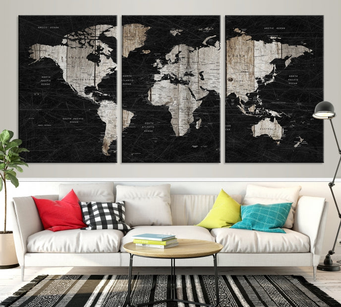 Black Push Pin World Map Detailed Framed Wall Art Canvas Print