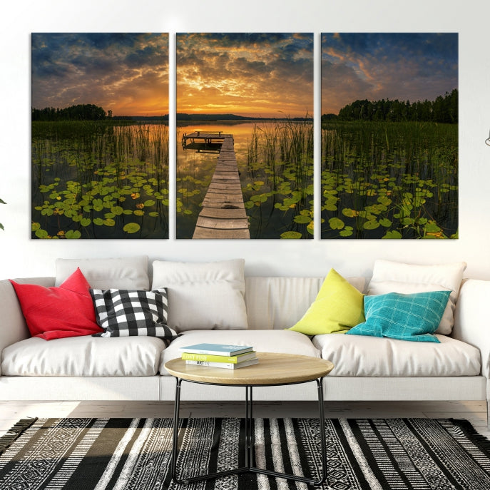 Flowers and Sunset at Lake Wall Art Natural Landscape Canvas Print