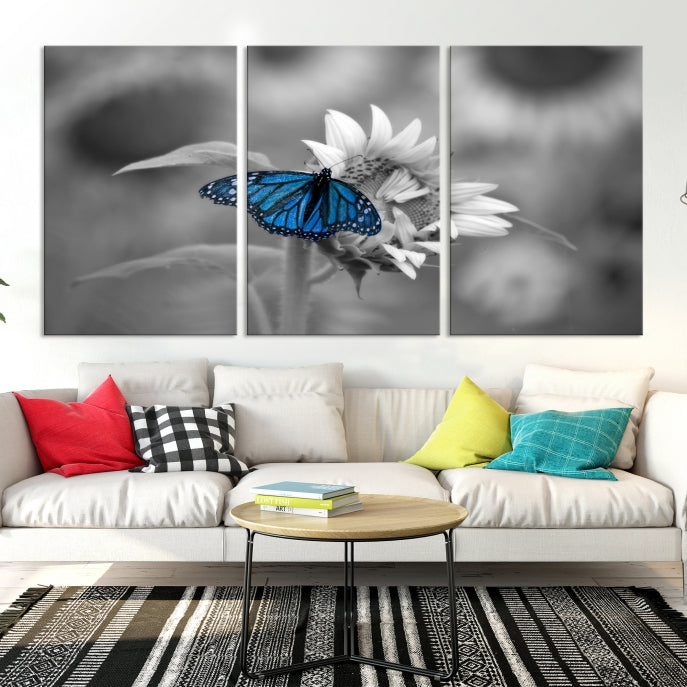 Pretty Blue Butterfly Black and White Canvas Wall Art Print Framed Ready to Hang