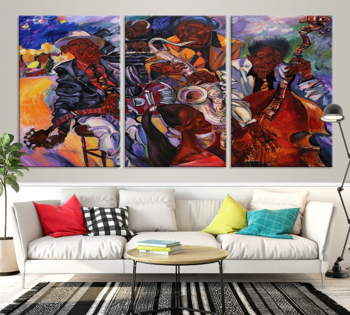 African American Jazz Mucisian Orchestra Abstract Painting on Giclee Canvas Wall Art Print