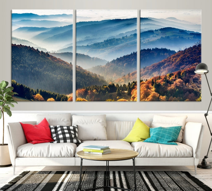 Mountain Misty Forest Foggy Autumn Framed Canvas Wall Art Giclee Print