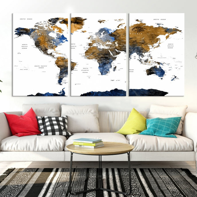 Push Pin Watercolor World Map Framed Canvas Wall Art Print