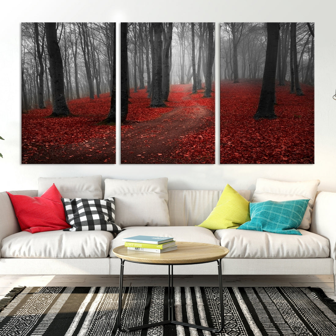 Wonderful Forest with Red Leaves on Ground Large Wall Art Landscape Canvas Print