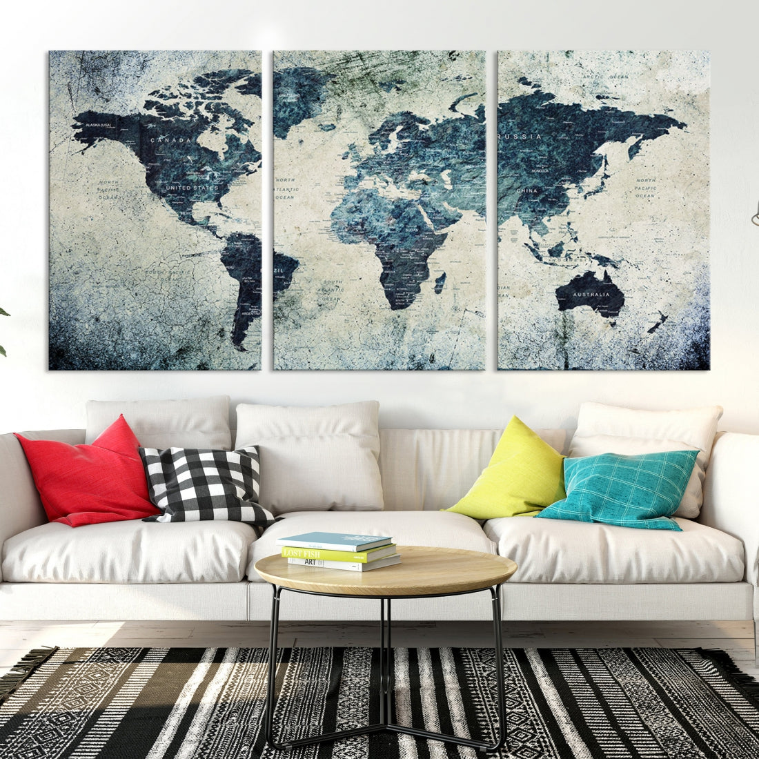 Extra Large World Map Wall Art Watercolor Painting on Canvas Print Grunge Vintage Decor