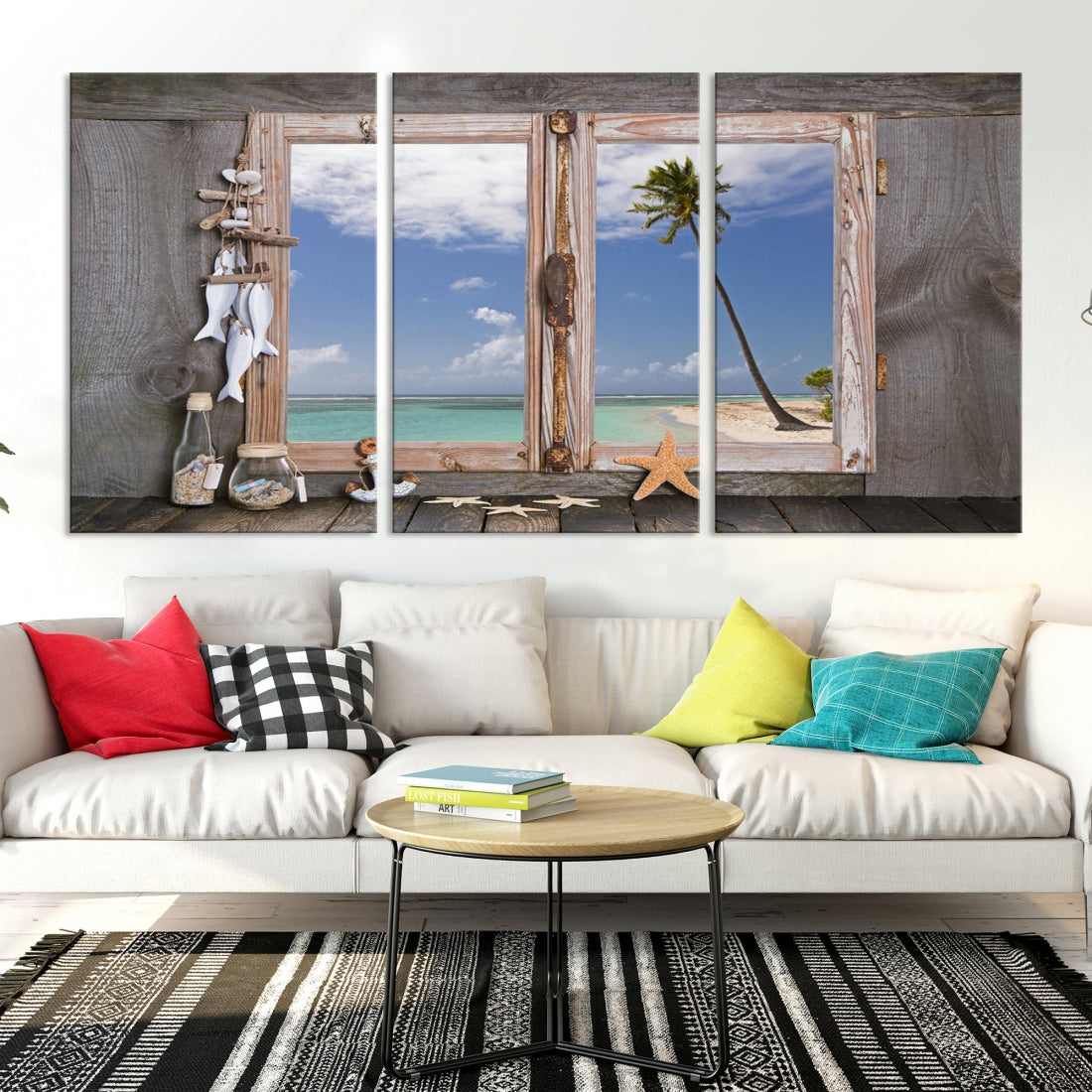 Large Window Wall Art Relaxing Beach Photo Canvas Art Print Starfish Seashells Nautical Art Framed Ocean Artwork