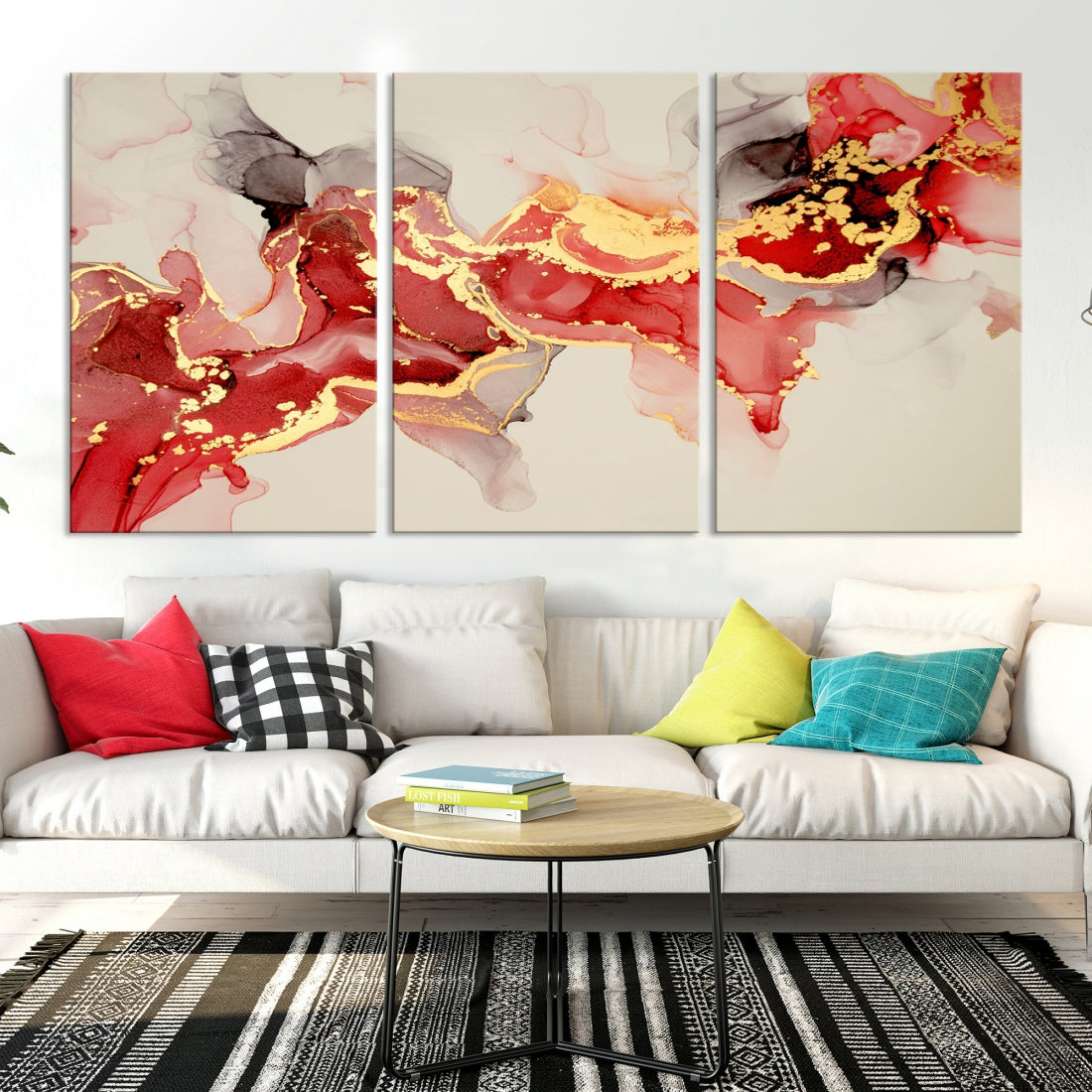 Contemporary Red Gold Abstract Painting on Canvas Print Framed Wall Decor