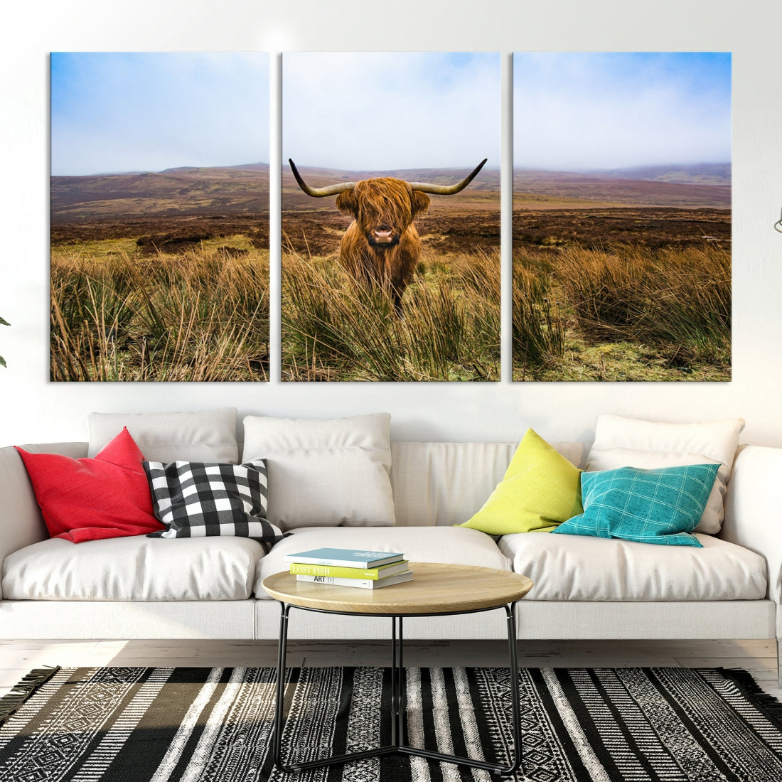 Highland Cow with Beautiful Landscape Canvas Wall Art Print Large Animal Art Print Farmhouse Ranch Farm Decor Cute Animals Cow Print Framed Ready to Hang Original Canvas Artwork