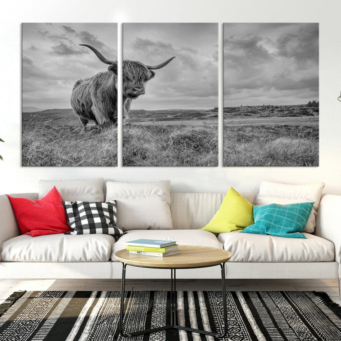 Grayscale Highland Cow Canvas Art Print Extra Large Animal Picture Print on Canvas